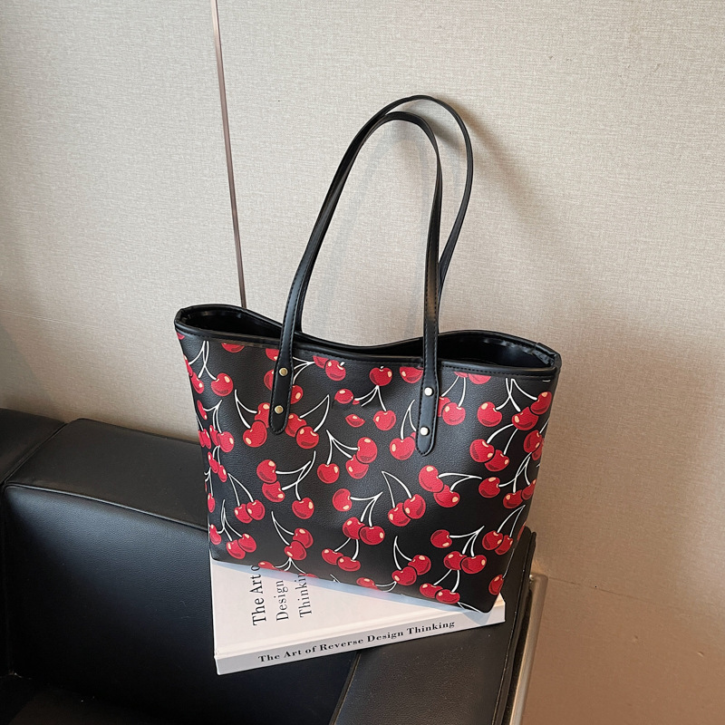 Luxury Brand Designer Bag 2025 New Cherry Print Tote Bag PU Single Shoulder Crossbody Large Capacity Bag Summer Fashion Versatile Commuter Bag