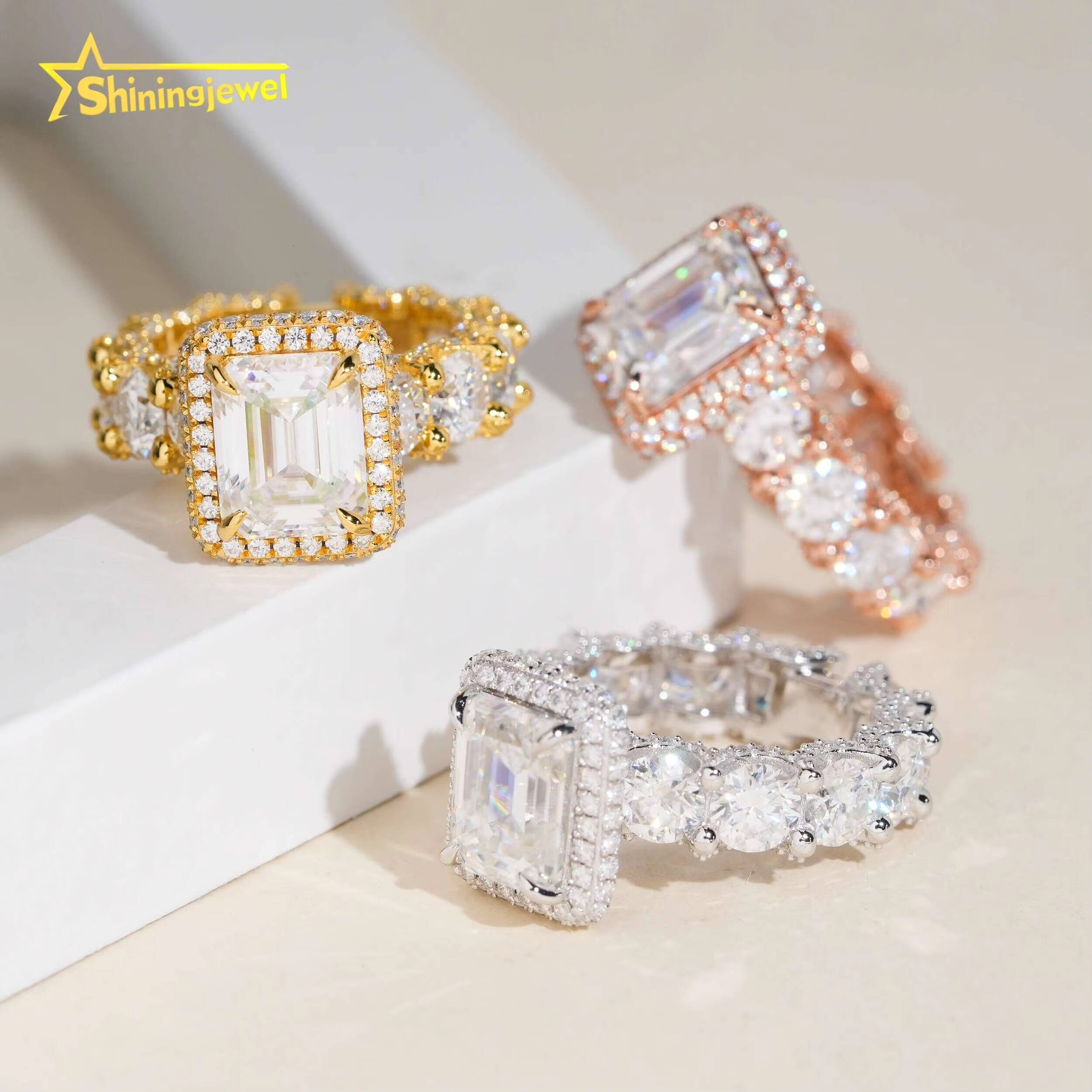 Luxury New Arrival Ring Emerald Cut Diamond Fully Iced Out Women Ring VVS Moissanite Hop Jewelry 925 Sliver Wedding Rings