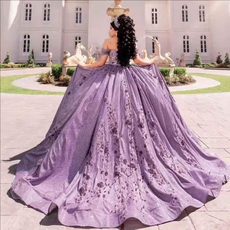 Lilac Shiny Quinceanera Dresses Off The Shoulder Sequin Beading Crystal Corset Tull Party Birthday Sweet 16 Dres Vestidos 15 De Anos