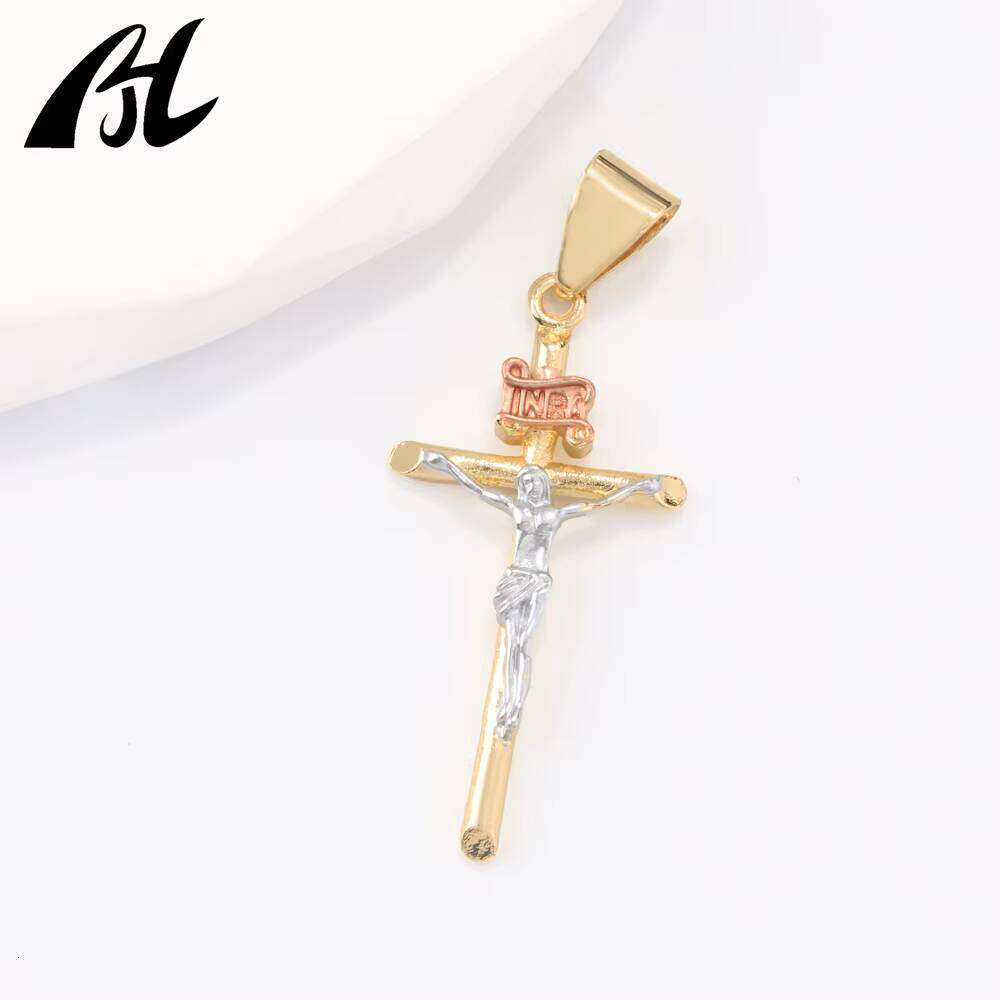 14k Two-tone gold Religious Theme Cross Small Charm Necklace Christ Pendant