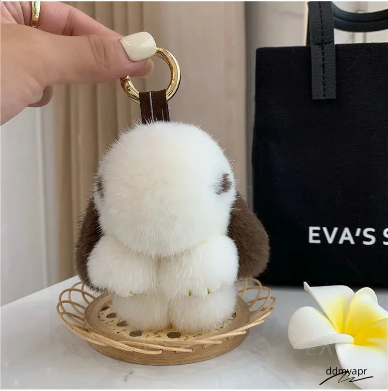 Cute Long Ear Bunny Keychain Real Mink Fur Rabbit Doll Pendant Toys Keyring Handbag Charm Ornament Pompom Plush Jewelry ddmyApr Gifts Y240829