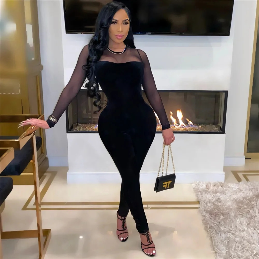 Sexy Sheer Mesh Patchwork Velvet Jumpsuit Women Long Sleeve Skinny Rompers Womens Jumpsuit Elegant Slim Bodycon Party Overalls 251016
