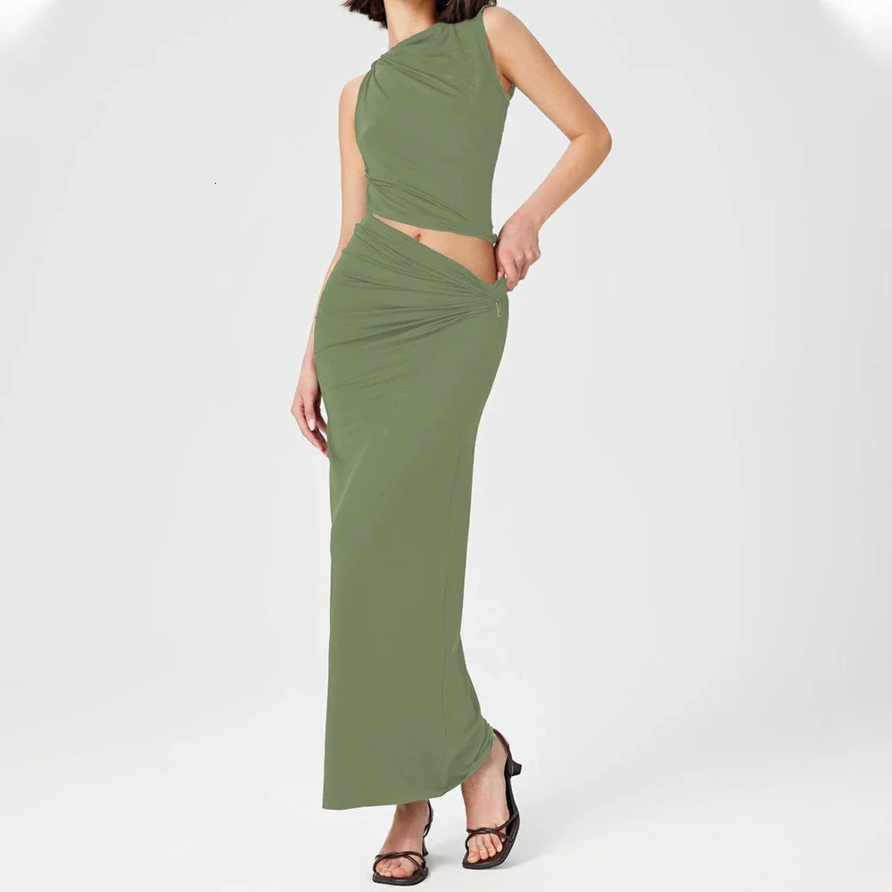 Talenza Knitted Long Skirt Set 2piece Womens Solid Color Slim Casual Skirt Set Sleeveless Pullover Vacation Long Skirt Set 251014