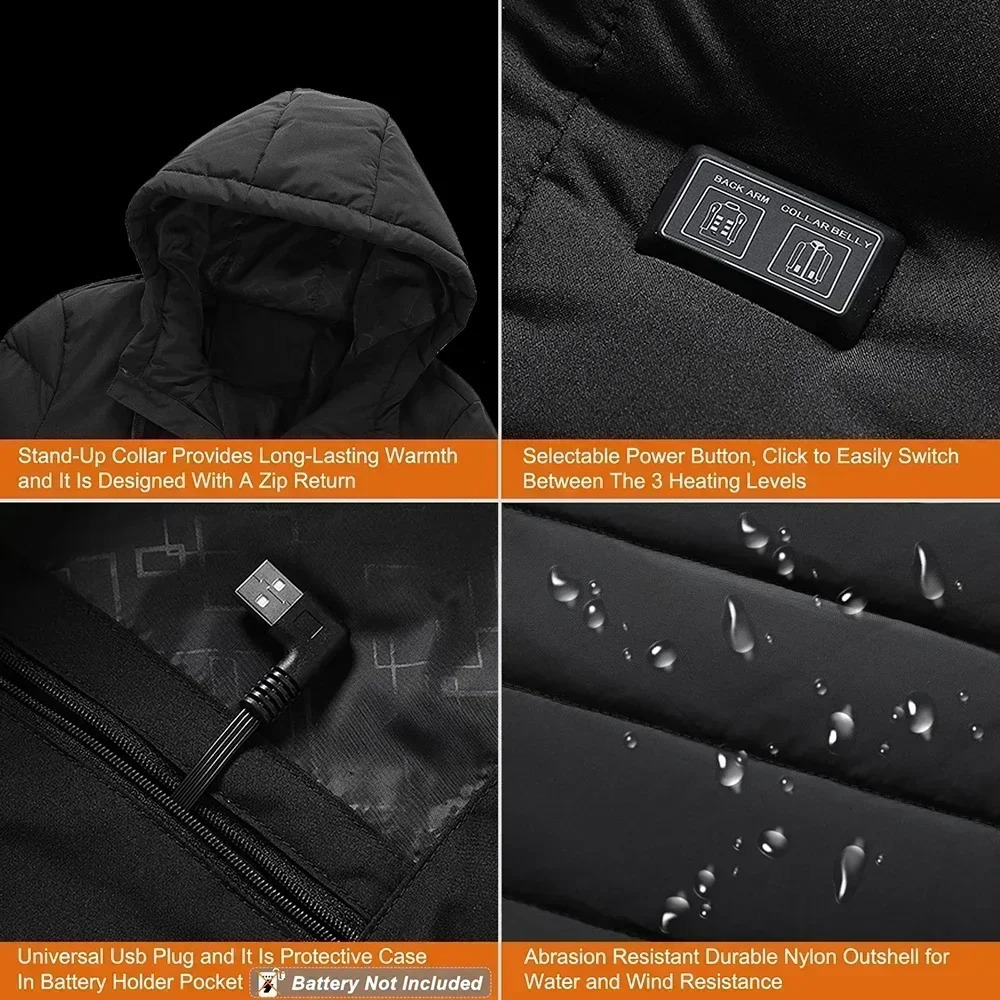 Mens Winter 11 Areas Heated Jacket USB Electric Heating Parka Selfheating Clothes Ski Windproof Hooded Padded Coat 6XL 251018