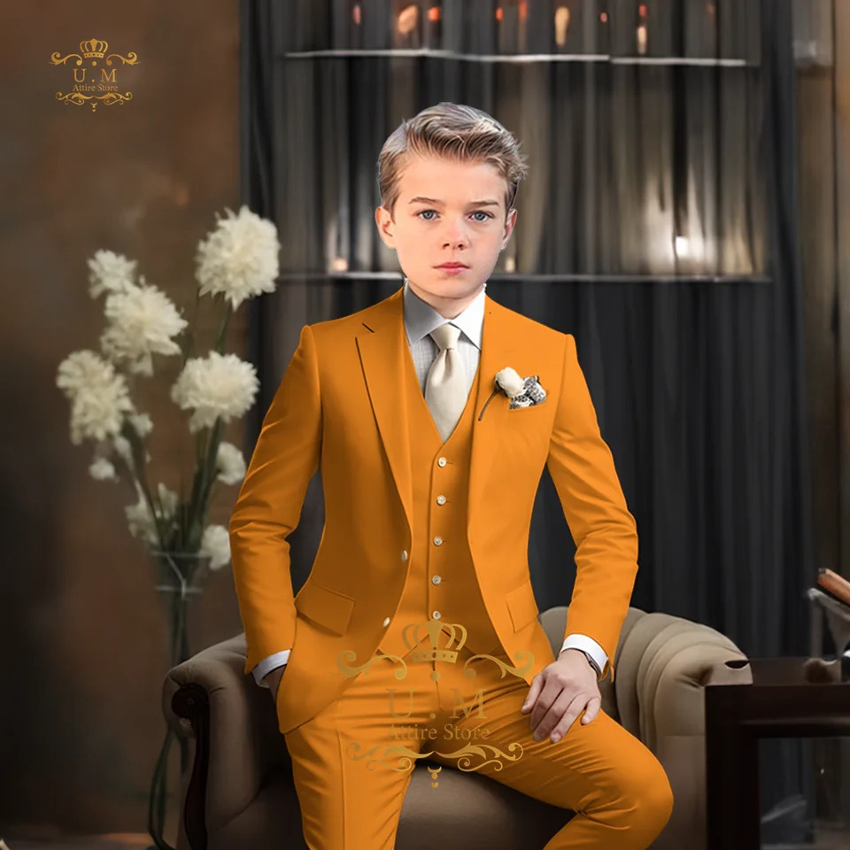 Boys Orange Suit 2pcs Notch Lapel Slim Fit Jacket Pants Set for Wedding Cocktail Prom Christmas Party Childrens Formal Wear 251017