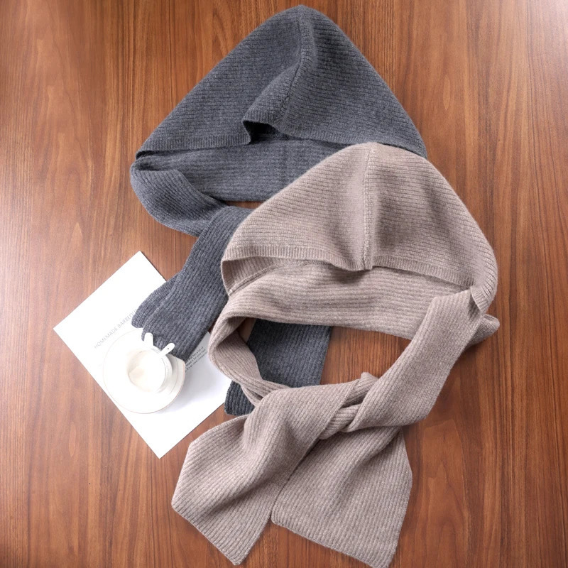 100Wool Knitted Scarf Shawl For Women Winter Soft Warm Fashion Hooded Fake Collar Solid Multifunctional Neck Warmer Scarves 251016