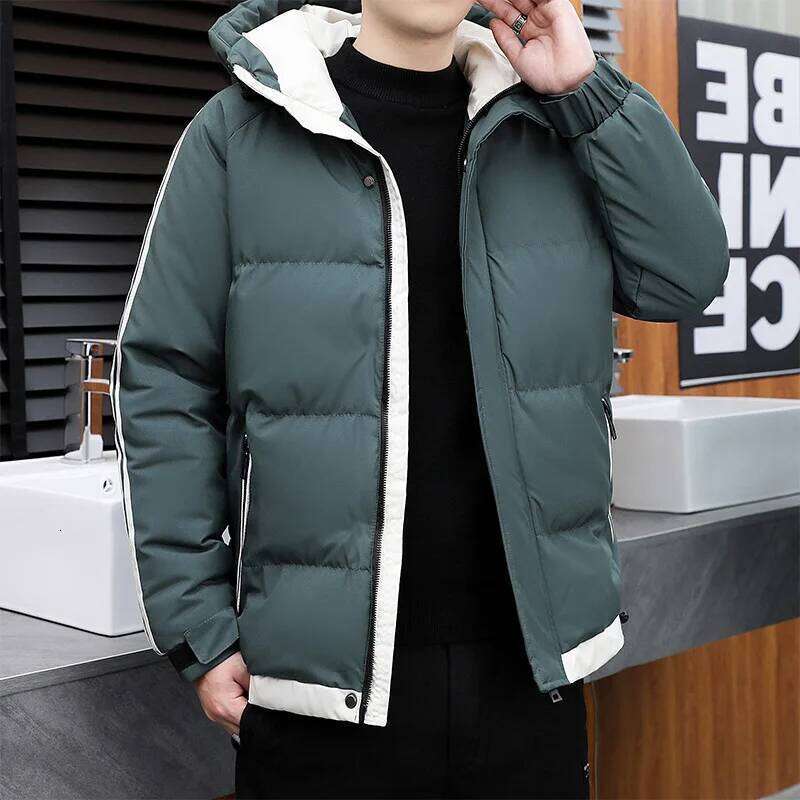 Winter Men's Down Cotton Handsome Thickened Casual Windproof Hooded Padded Coat Color Matching Cold Proof Wadded Jacket