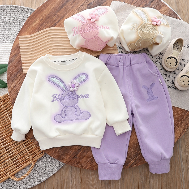 1-4 year old baby girl set, spring dress, stylish girls' clothing, Korean version baby and children's clothing, 3-piece flower rabbit two-pi