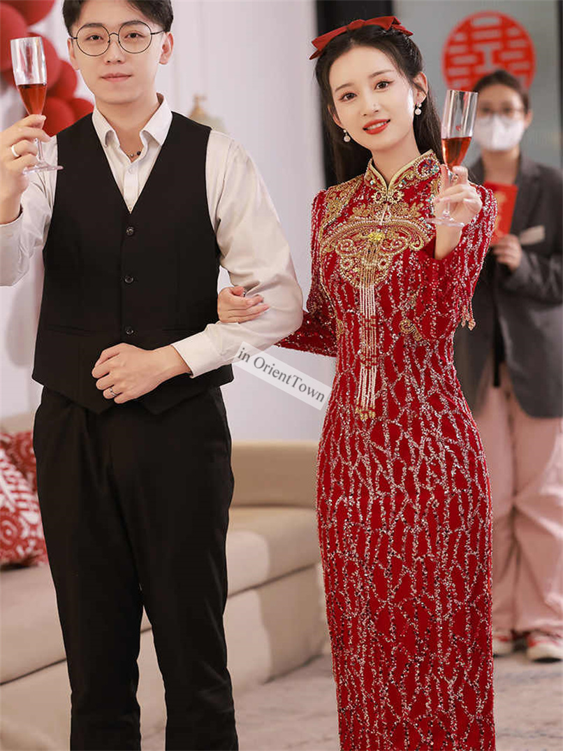 in OrientTown Wine Red Long Sleeve Bridal Gown Stand Collar Embroidery Cheongsam Brides Wedding Elegant Evening Dress in041