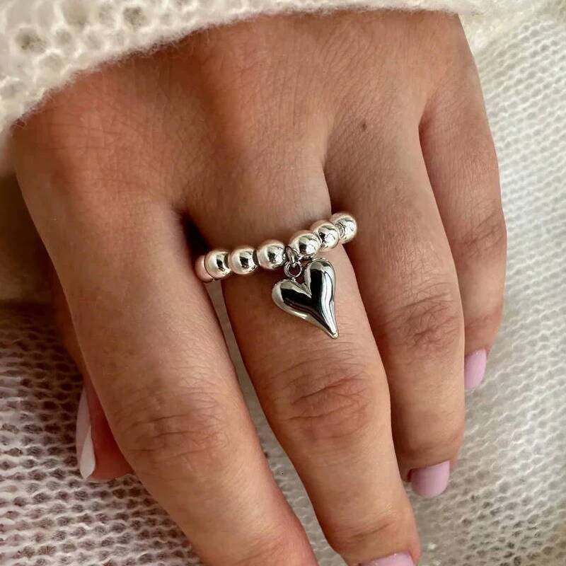 Rings for women Creative Handmade Beaded Bungee Cord Love Heart Pendant Girl Silver Color Adjustable Ring Jewelry free shipping