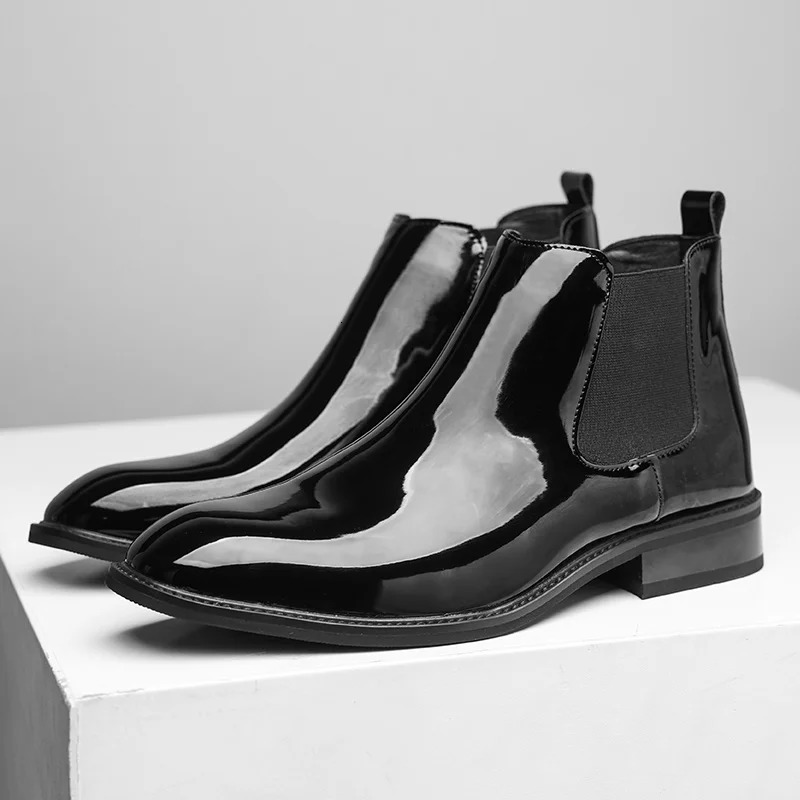 Chelsea Boots for Men Patent Leather Black Buckle Ankle Round Toe Business Classic Handmade Men Short Boots Botas De Hombre 251010