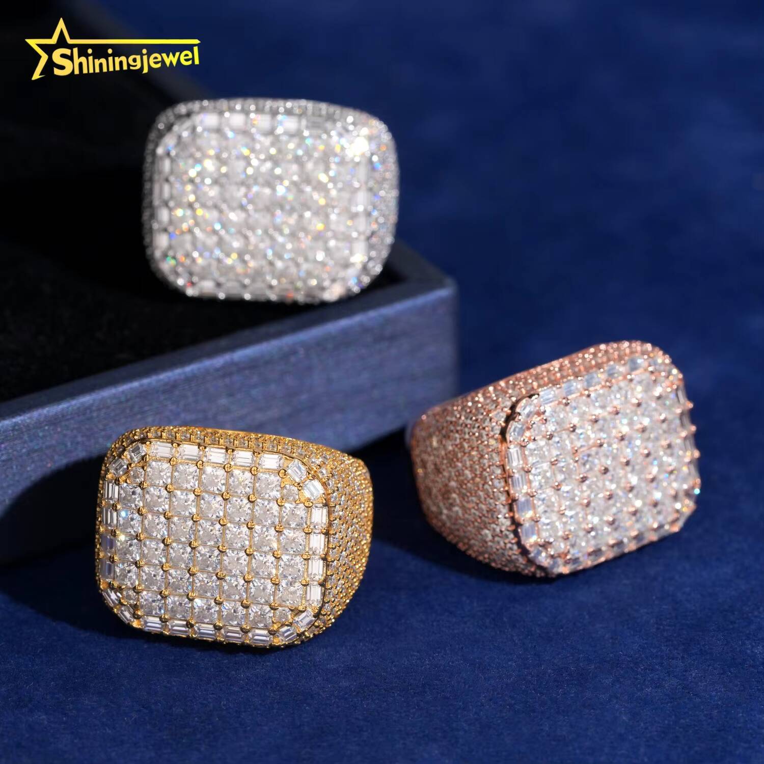 Instock Hip Hop Rings Vvs Moissanite Men Iced Out Rings 925 Silver Square Shape Diamond Engagement Fashion Rings