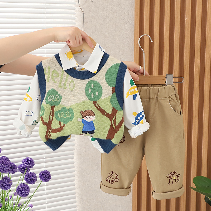 Boys' Autumn Set, Baby's Cute Spring and Autumn Long Sleeve Shirt, Little Boys' Sweater 3-Piece Set, Children's Stylish Clothes fr