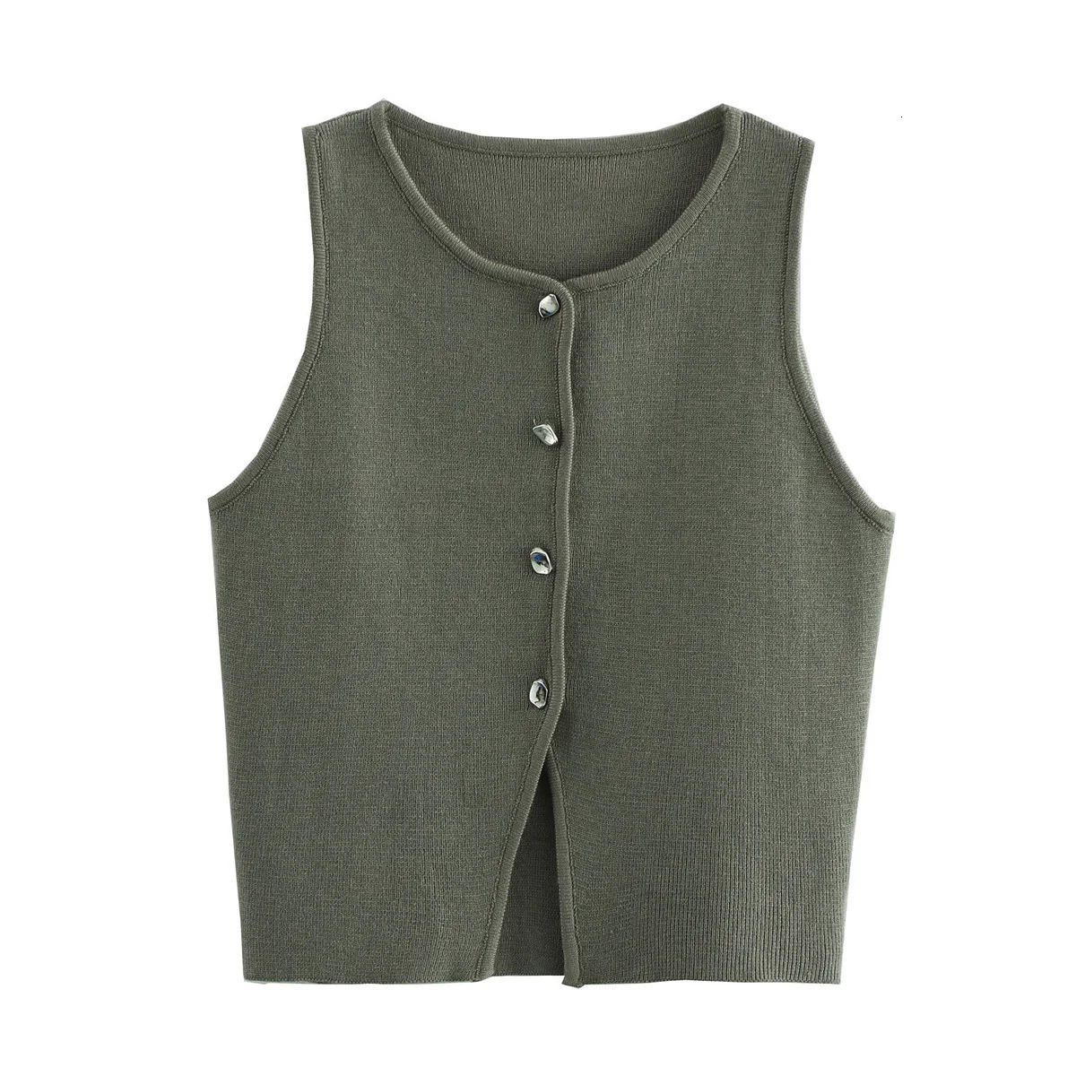 MUJER Pink Knit Sleeveless Vest Women Cropped Sweater Top Yellow Button Vests Streetwear Waistcoat Knitwears 251021