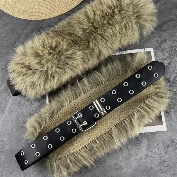 Brown Vintage Women Faux Fur Belts Y2K Aesthetic Accessories Punk Waistband PU Leather Belt Plush Waist Chain Fashion Decoration 251016