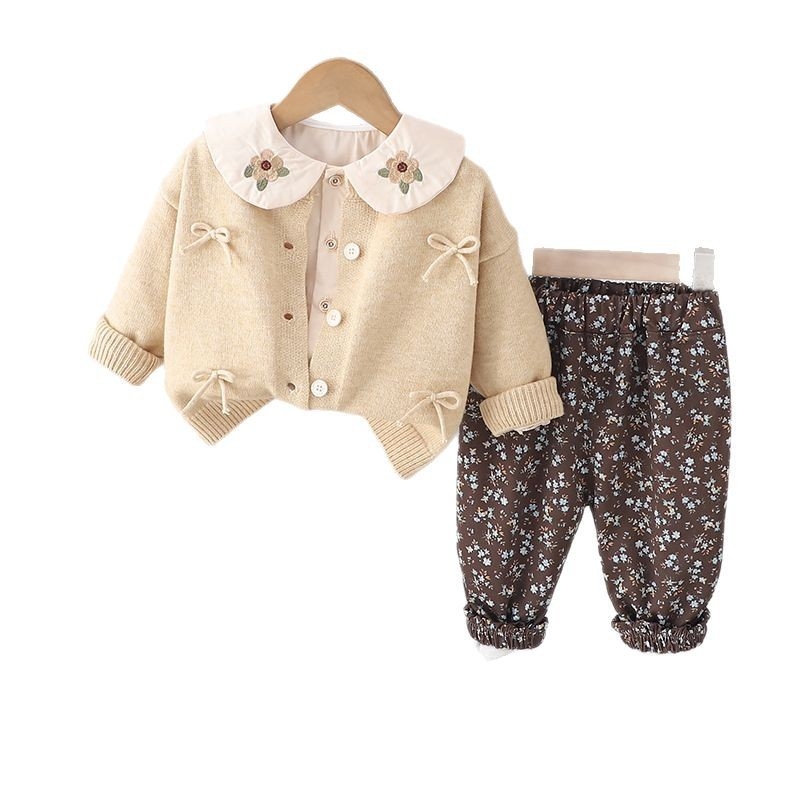 Girls' Spring Set Spring and Autumn New Knitted Bow Sweater Long Sleeve Casual Three piece Set for Small and Medium sized Children Trendy free sh