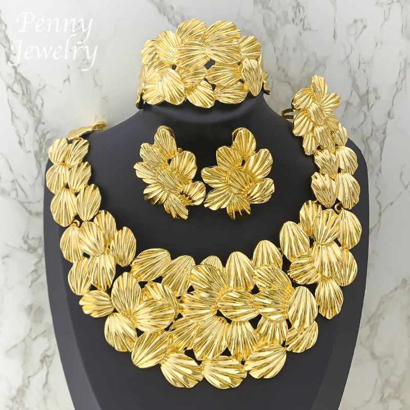 Textured Collar Necklace Drop Earrings Bracelet Ring Big Size Choker Gold Plated Jewelry Set Bridal Wedding Party Gifts 251016