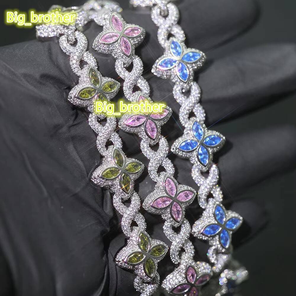 New Style Womens Hip-Hop Four Leaf Clover Cuban Chain Bracelet Colorful Silver Plated Brass with Zircon Fine Link Chain Jewelry