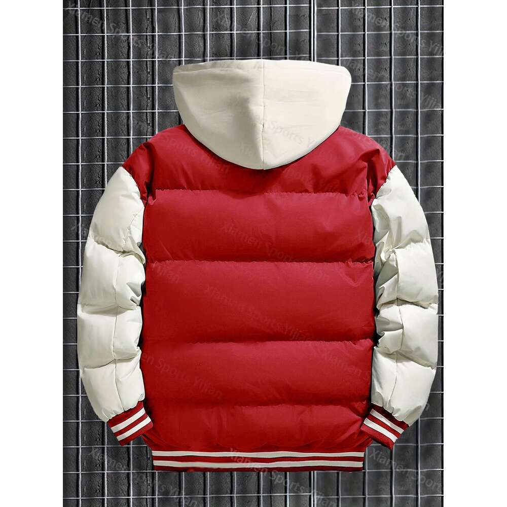 Men's Women's Heavyweight Hooded Red White Color Block Baseball Coat With Front Zipper Closure, Non-Stretch Fabric Outerwear Couples, Casual