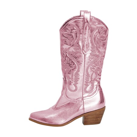 Chengdu Hand-Embroidered Western Boots Chunky Heel Pointed Toe Slip-On Mid-Calf Riding Boots Pink