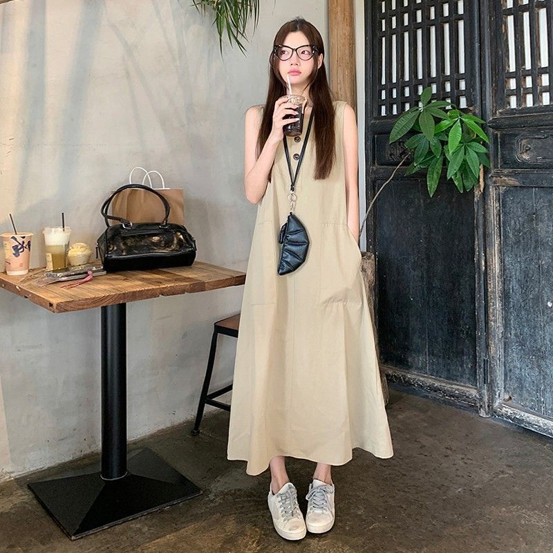 X26041 New Summer Plus Size Women's Seaside Vacation Large Pocket Casual Loose Dress Sleeveless