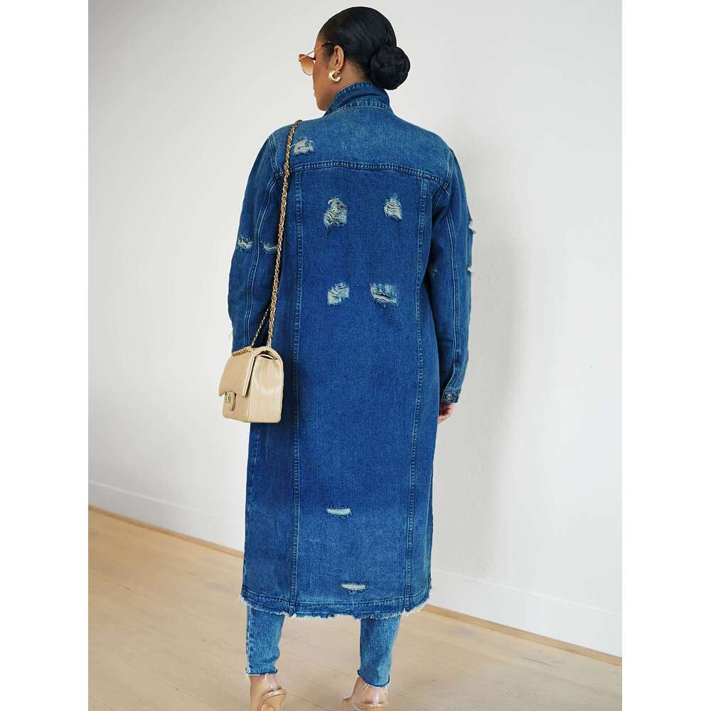 VOCKOO Women's Casual Faux Denim Trench Coat, Sleeve, Solid Color, Non-Stretch, Long Length, With Washed Detail, For Fall/Winter Collection