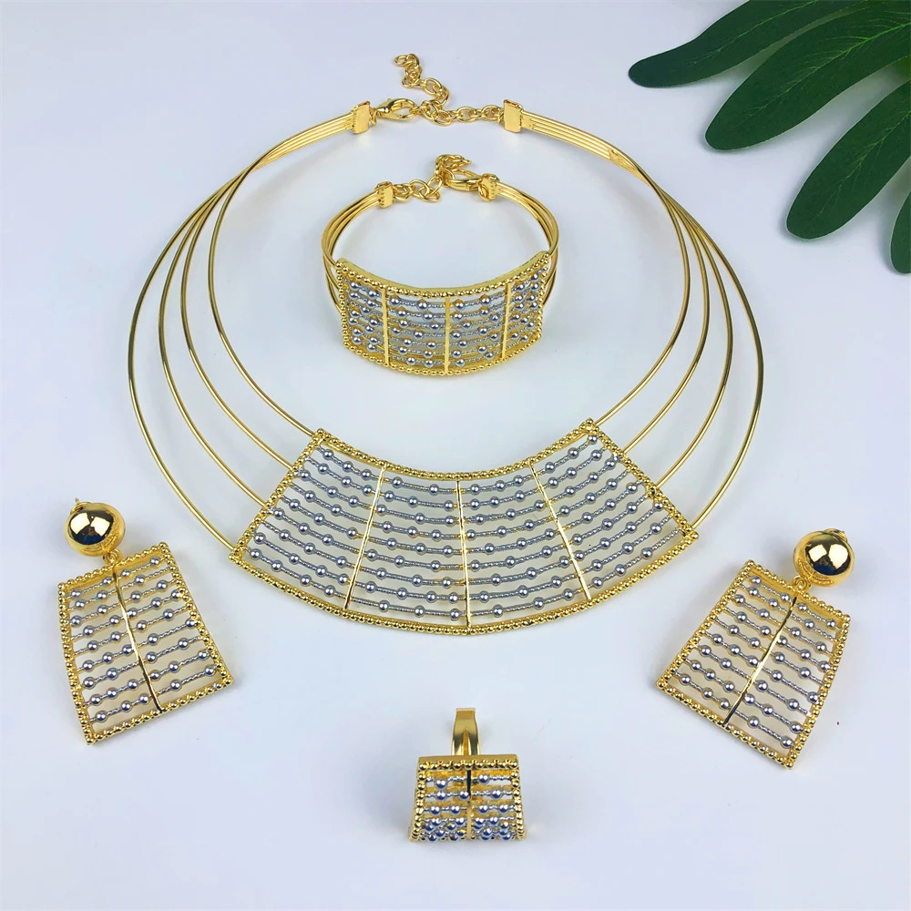 Geometric Two Tones Collar 4Pcs Jewelry Set for Women Chunky Necklace Drop Earrings Bracelet Ring Bridal Wedding Party Gifts 251016