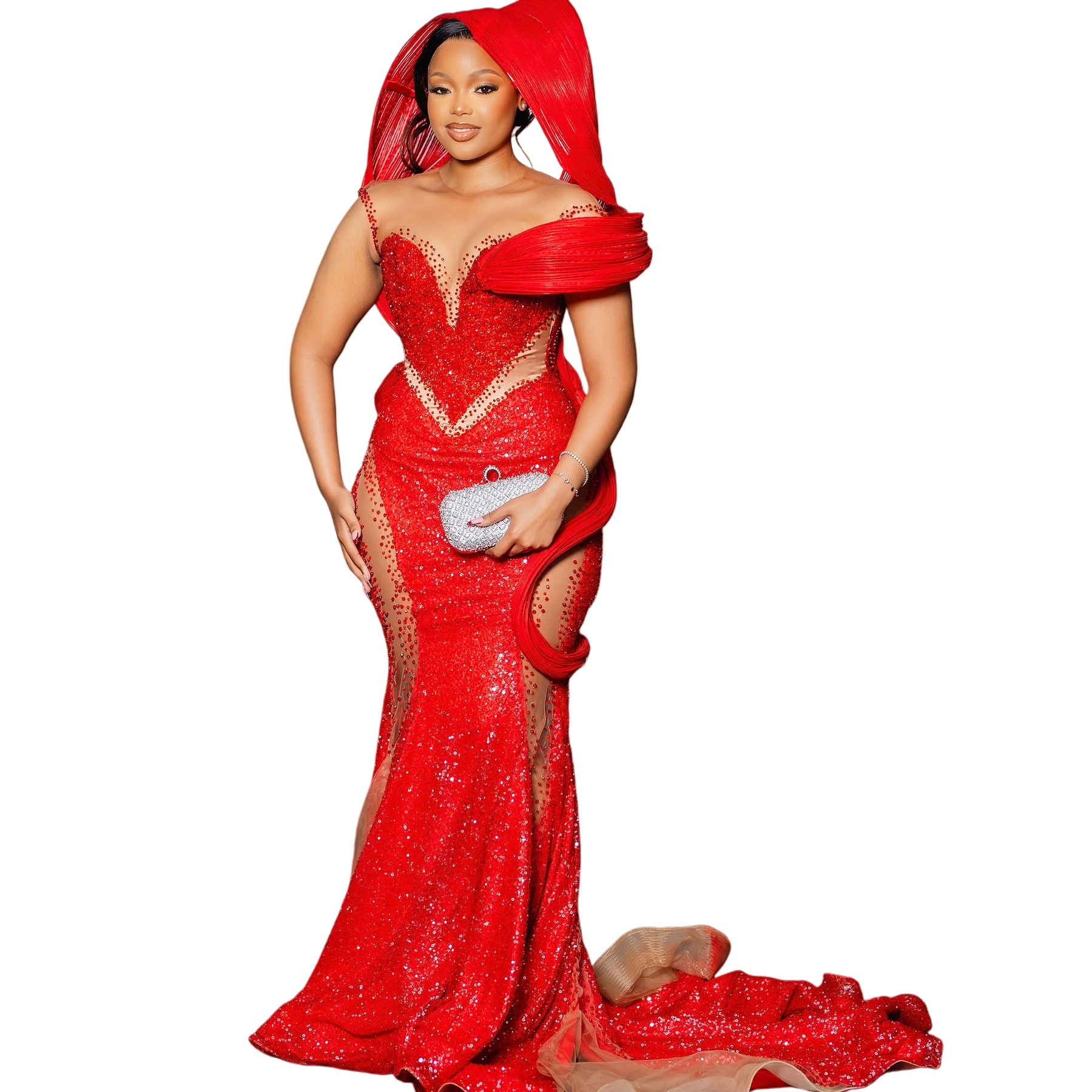 Red Mermaid Prom Dresses 2025 Crystals Illusion Stylish Sequined Evening Formal Party Second Birthday Engagement Gowns Plus Size Dress For Special Occ