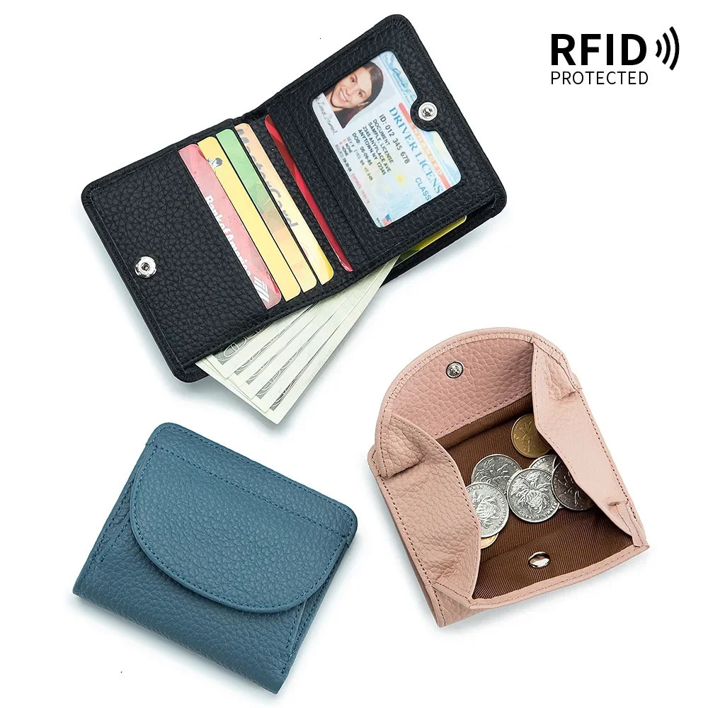 Genuine Leather RFID ID Credit Bank Business Card Holder Cowhide Coin Purse Bags Clutch Slim Pocket Wallets For Women 251013
