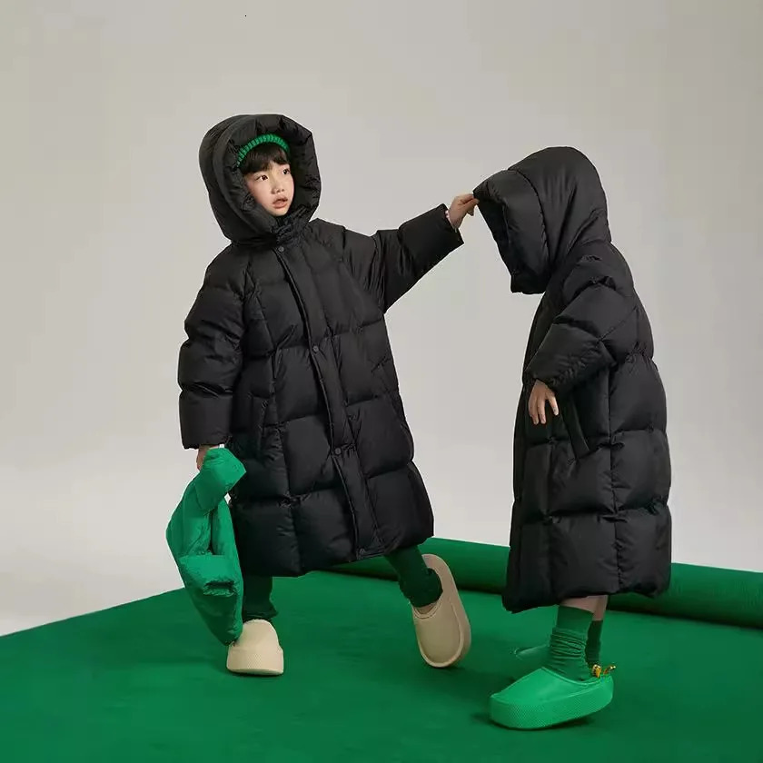 Winter Children Warm Down Jacket Teen Solid Color Thick Hooded Zipper Coat Kid Boys Girls Long Cottonpadded Clothes 251015