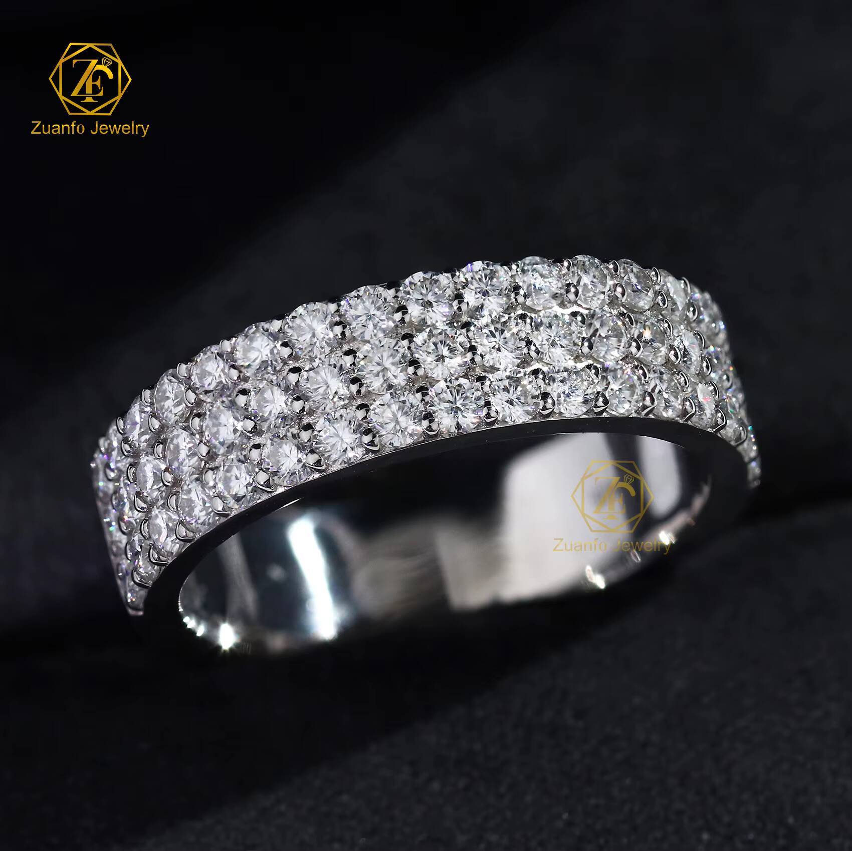 Custom VVS Moissanite Gemstone Ring 925 Sterling Silver White Gold 3Rows Moissanite Half Eternity Band Fine Ring