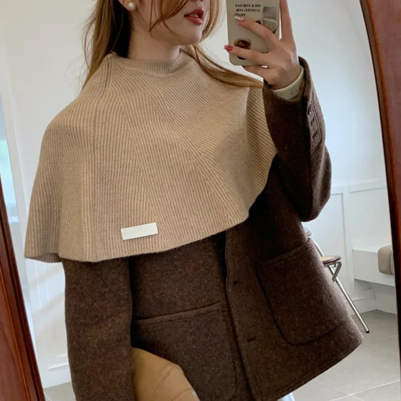 Poncho Cloak Knitted Pullover Shawl Womens Autumn and Winter Warmth Scarf Shoulder Protection Sweater Cape Black 251016