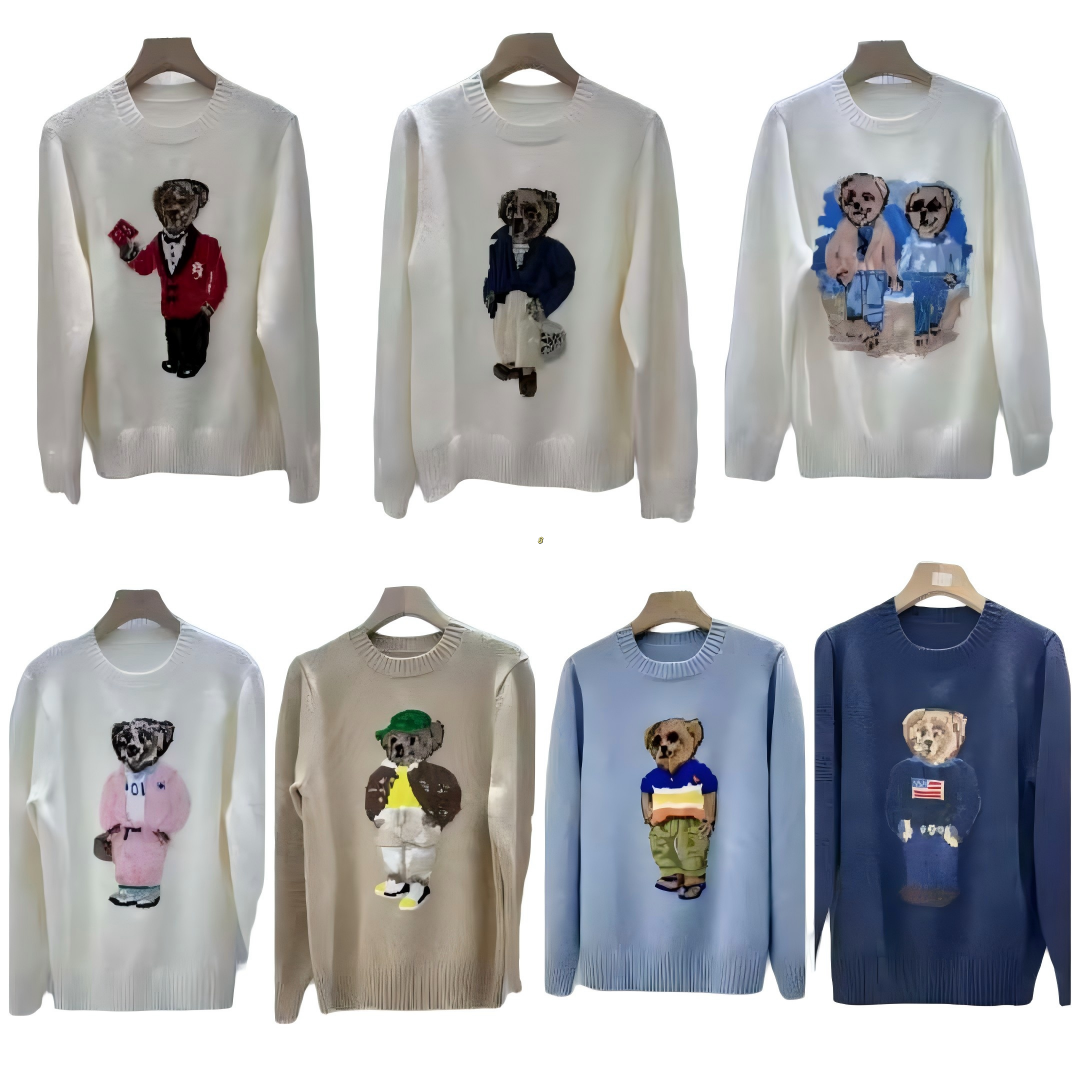Cartoon Bear Designer brand, hot-selling knitted long-sleeved sweater with cartoon pattern and embroidered wool round neck.