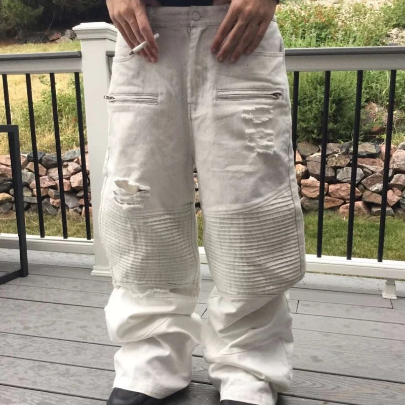 Y2K Retro Biker Denim Pants Zipper Pocket Distressed Holes Ruched Jeans Trendy High Street Streetwear Unisex Baggy Trousers 251014