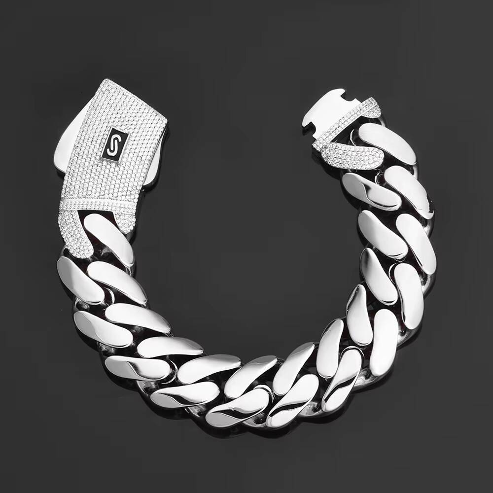 Eskeem 20mm Monaco Cuban Link Chain 14K Gold Plated Silver Iced Out VVS Moissanite Clasp Smooth Necklace Hip Hop Jewelry