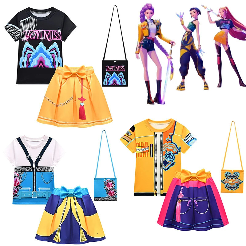 KPop Demon Hunters Cosplay Costume Girls Tshirt Dress set Kids Party Halloween Mira Rumi Zoey Clothes Children Girl Dress 251017