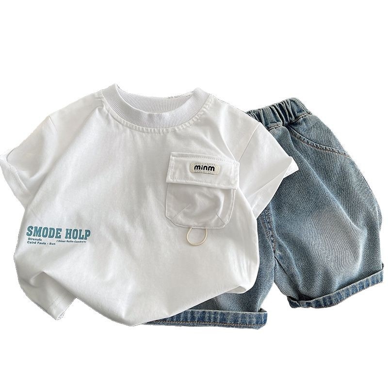 Boys' summer clothes with letter pockets, baby's summer sports, children's clothing, short sleeves, handsome baby clothes