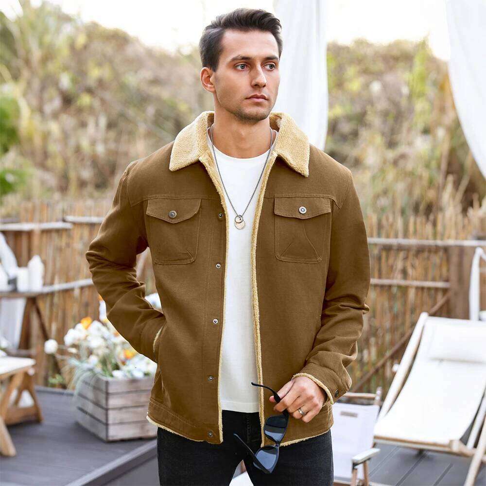 hoodie Men's Jackets Winter Faux Shearling Lined Windproof Warm Coat Black Buttoned Parka Pockets Comfortable Casual Tops US Size jacket