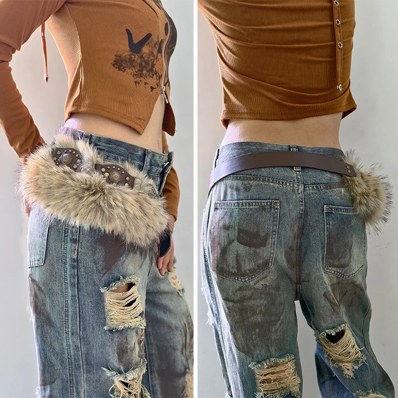 Vintage Faux Fur Belts Y2K Metal Bead Chain Plush Waist Chain Furry Fur Sexy Cowgirl Waistband Punk Belt Jeans for Night Club 251016