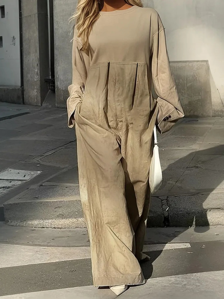 Freeacy Womens Loose Fit Splitjoint Jumpsuit Round Neck Long Sleeves Wide Leg Floor Length Coveralls Onepiece Suit 251016