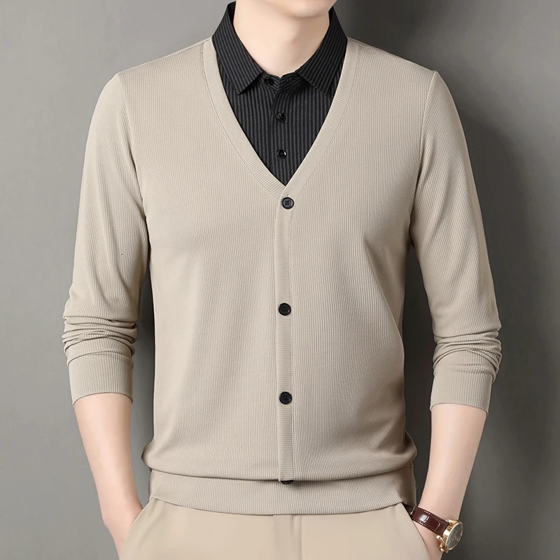 Two Knitted Sweaters for Men 2025 Business Casual Long Sleeve Tshirt Striped Shirt Collar Sweater AutumnWinter 251015