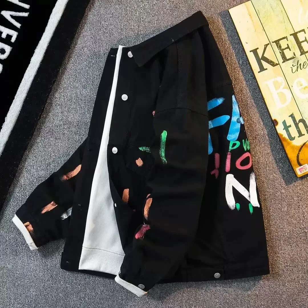 Autumn and Spring Fashion Trend Printed American Vintage Black Denim Jacket Mens Casual Loose Sports Plus Size Coat M3XL 251014