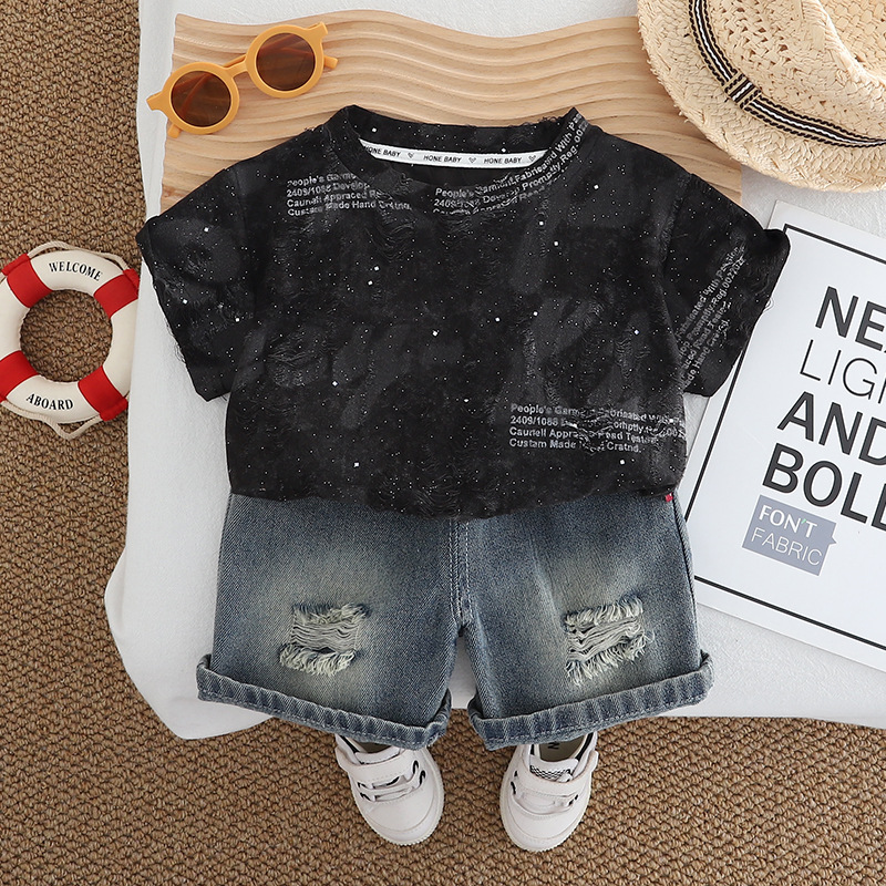 Boys' Summer Set Handsome 2025 New Korean Edition Children's Stylish English Short Sleeve Baby Thin Two Piece Set Trendy