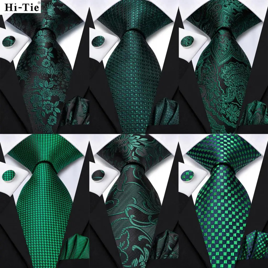 HiTie Dark Green Psialey Silk Elegant Tie For Men Groom Wedding Men Necktie Pocket Square Cufflink Accessory Wholesale er 251014