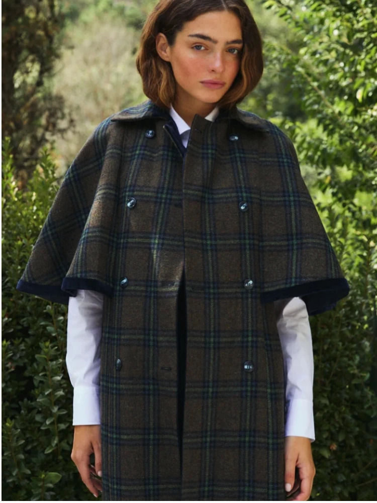 Elegant Double Breasted Cloak Long Coat Women Retro Chic Plaid Lapel Jackets Coats Female 2025 Autumn Classic Street Outwear 251010