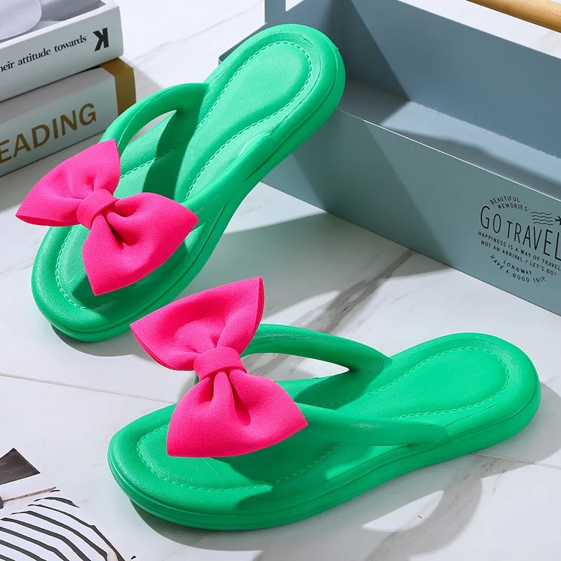 Bow Tie Slippers for Women Sweet Bow Tie Flip Flops Outdoor EVA Non-Slip Beach Shoes, Comfortable Sandals Summer Fashion Sneakers Ideal for Girls