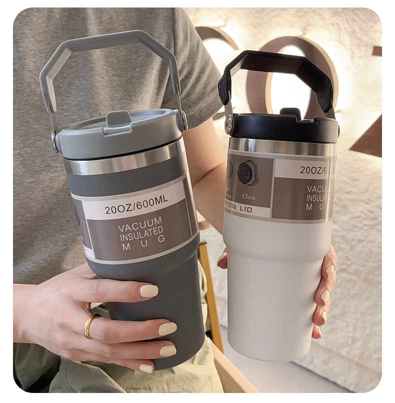 large capacity portable car cup stainless steel thermos cup with straw handle travel sports water bottle vacuum flask