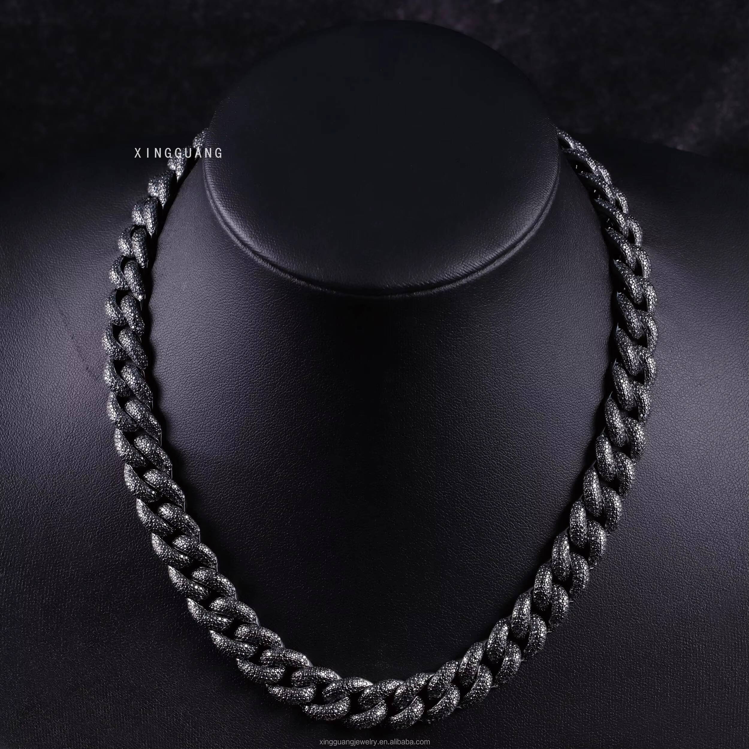 VVS Moissanite Cuban Chain Jewelry 13mm S925 Silver Black Plated Hip Hop Necklace for Men Black Diamond Cuban Lidynamic Chain