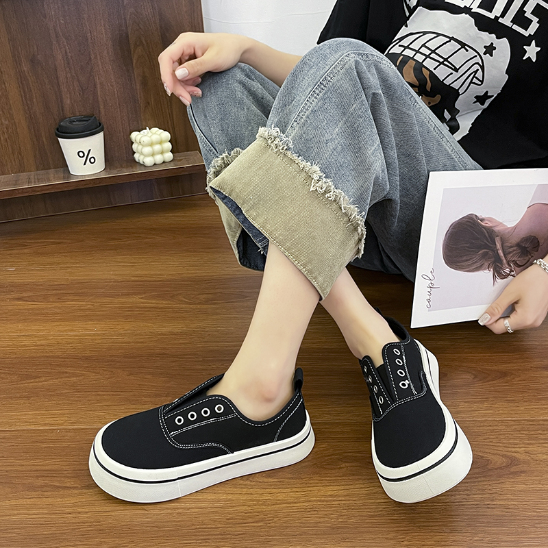 Women's Square Head Toe Low-Profile Canvas Shoes Women's Spring Summer New Style Breathable Thin-Material Flat Heel Board Shoes Student Brea