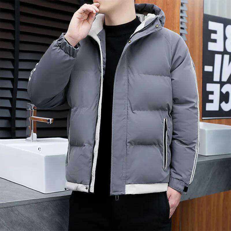 Winter Men's Down Cotton Handsome Thickened Casual Windproof Hooded Padded Coat Color Matching Cold Proof Wadded Jacket